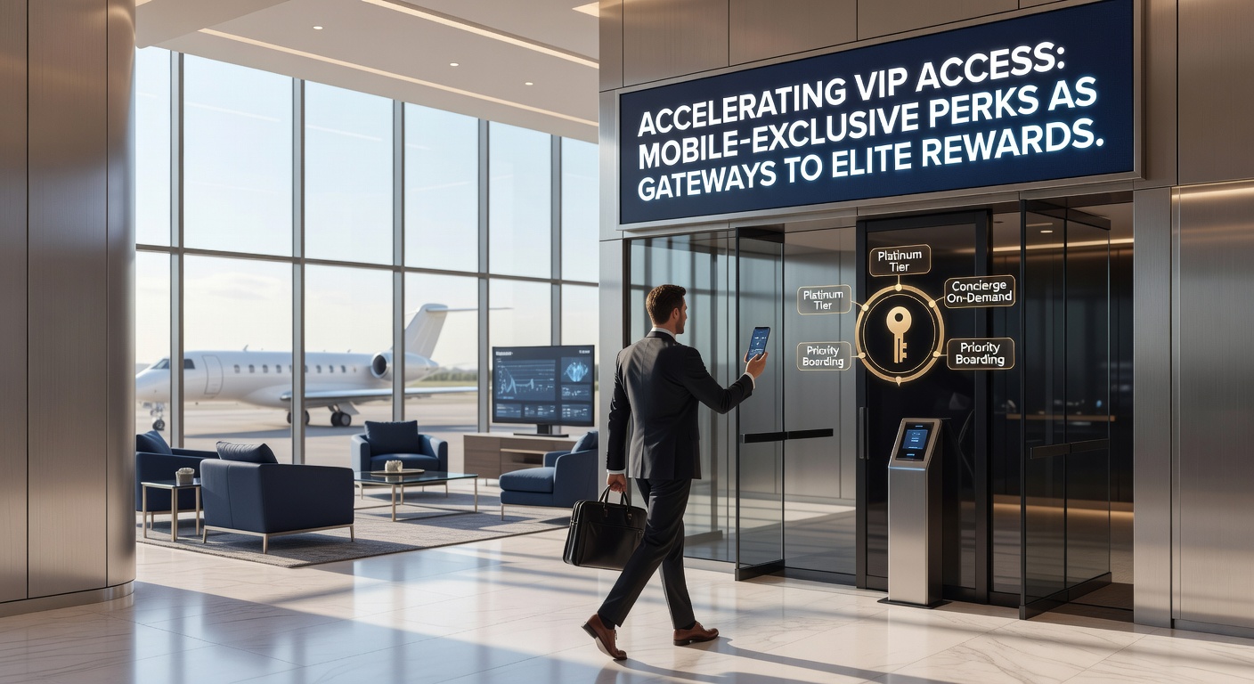 VIP lounge entrance with mobile app notification overlay showing elite reward unlock and luxury perks