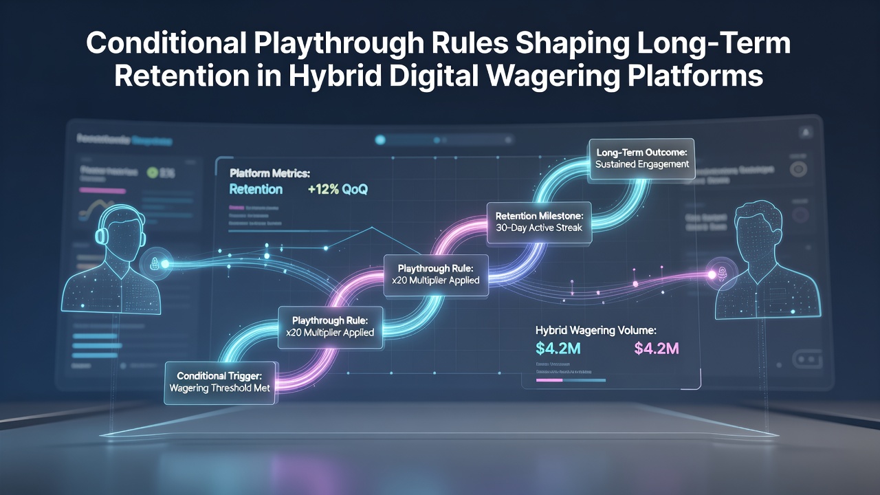 Illustration of conditional playthrough requirements displayed on a hybrid digital wagering interface with sports and casino sections