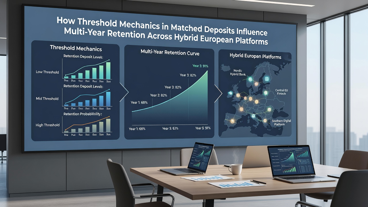 Chart illustrating retention rates over multiple years linked to different deposit threshold levels in European hybrid platforms