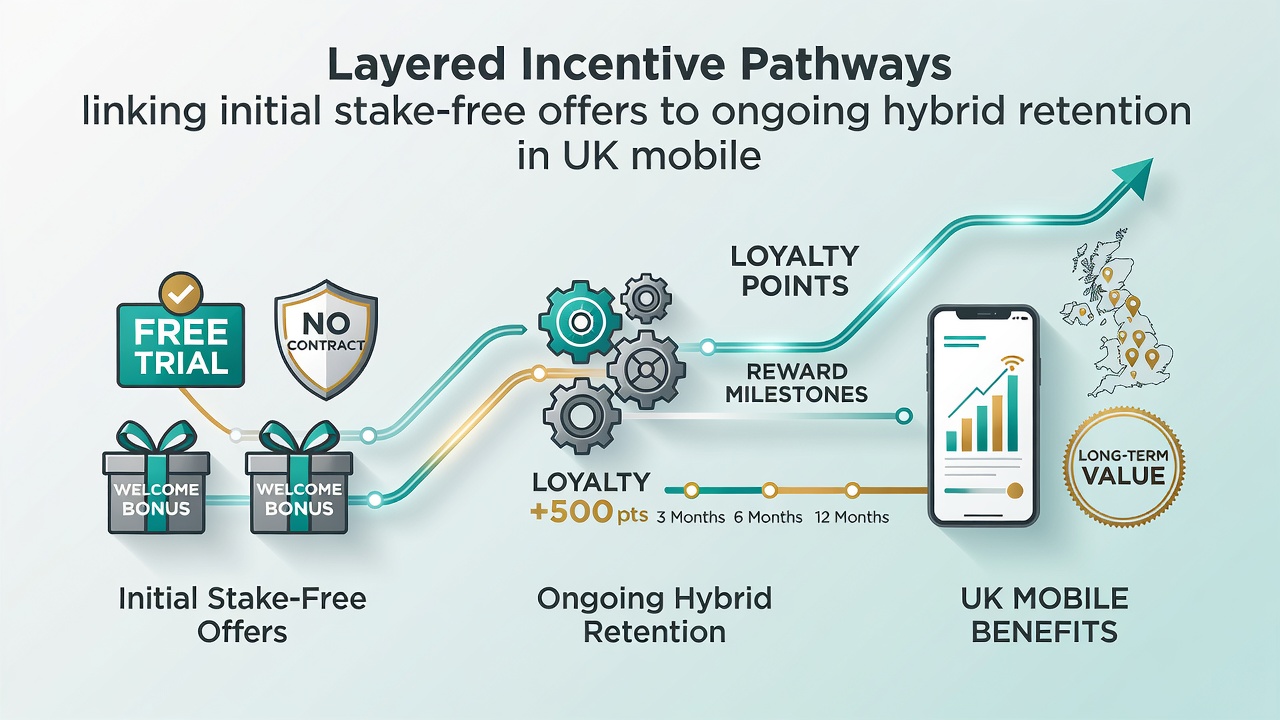 Chart showing user progression through incentive layers leading to sustained hybrid retention on UK mobile platforms
