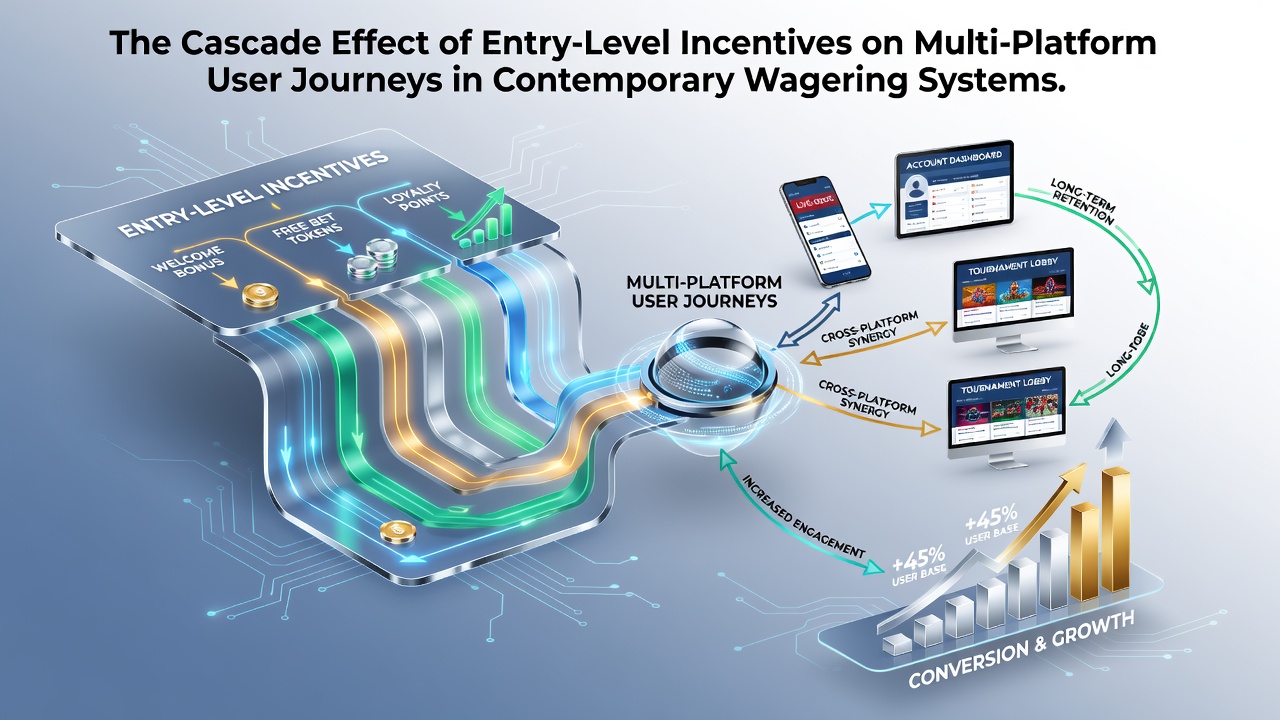 Diagram illustrating how initial free bet offers flow into deposit matches and VIP escalations across sportsbooks and casinos